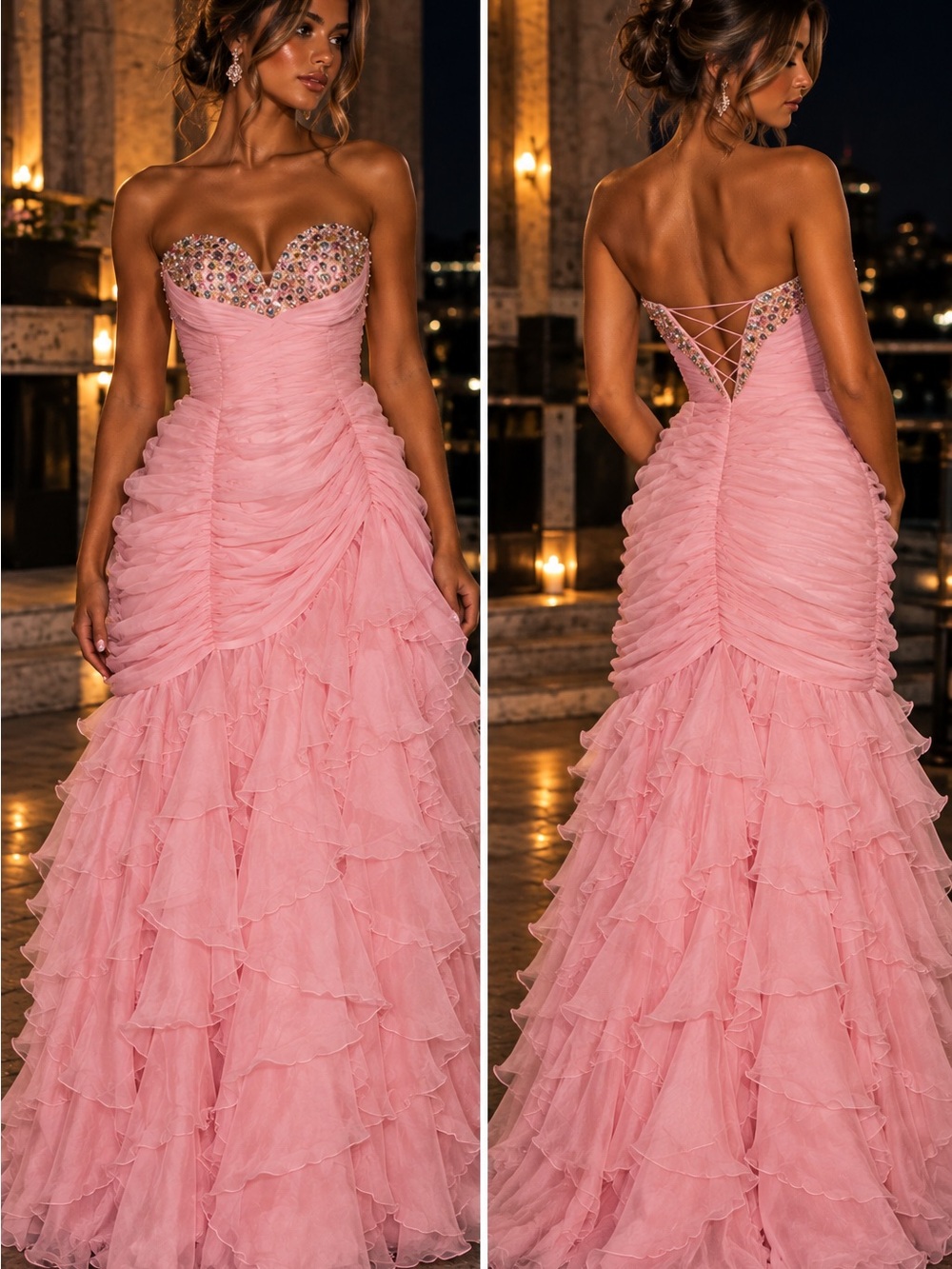Strapless Pink Ruffled Evening Gown with Embellished Sweetheart Bodice